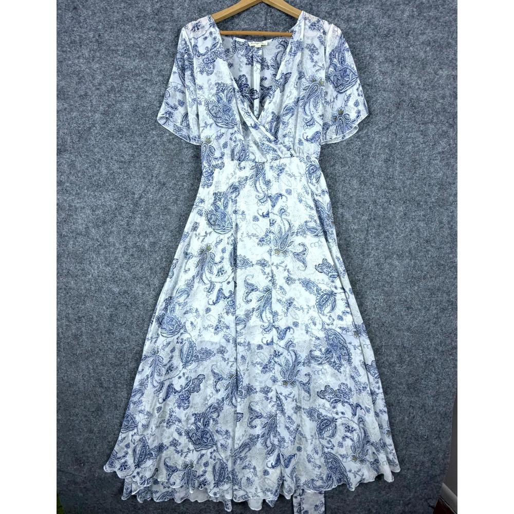 Indigo Rose Maxi Day Dress Women XL Blue White Paisley Print Tie Waist Festival